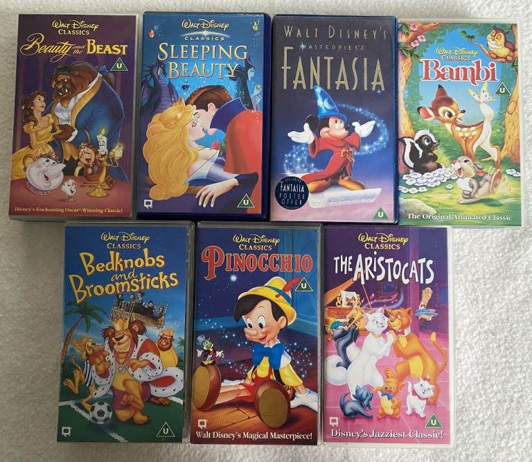 Disney videos-Bambi, Pinocchio, Fantastia, Beauty Beast, Aristocats, Bedknobs Broomsticks, Sleeping
