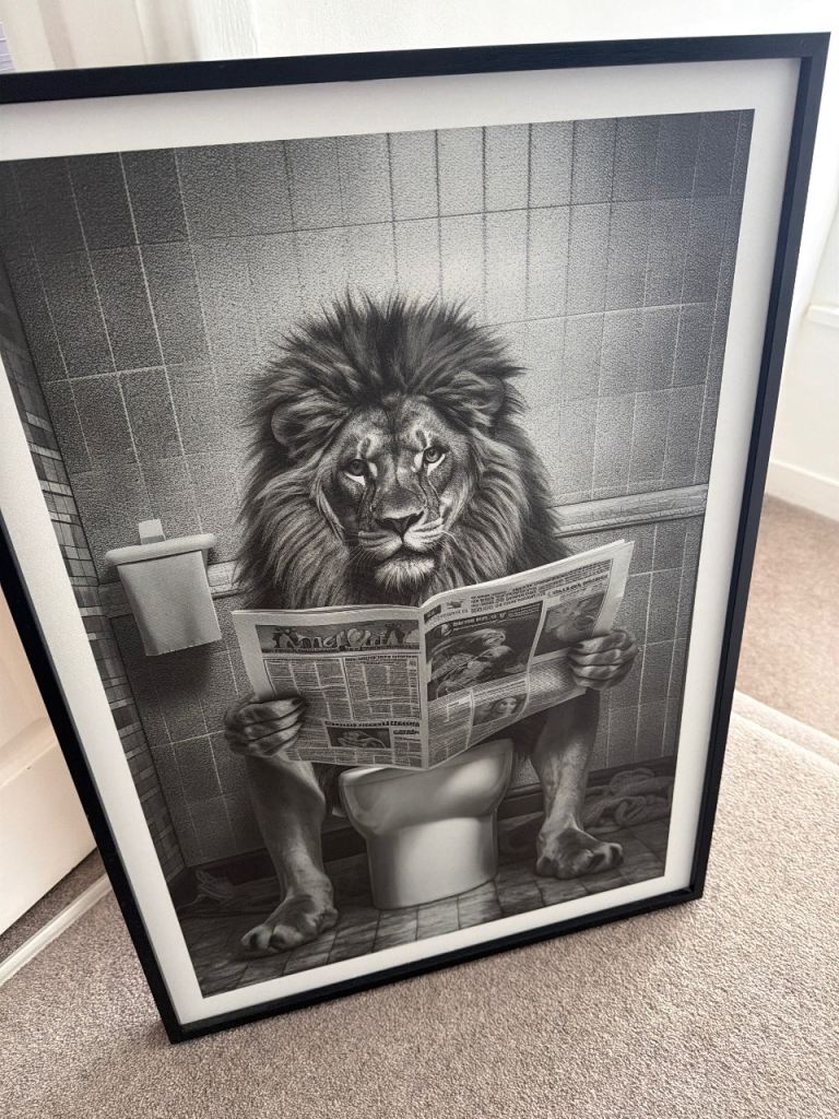 Lion on Toilet Reading Newspaper Framed Print – As Good As New