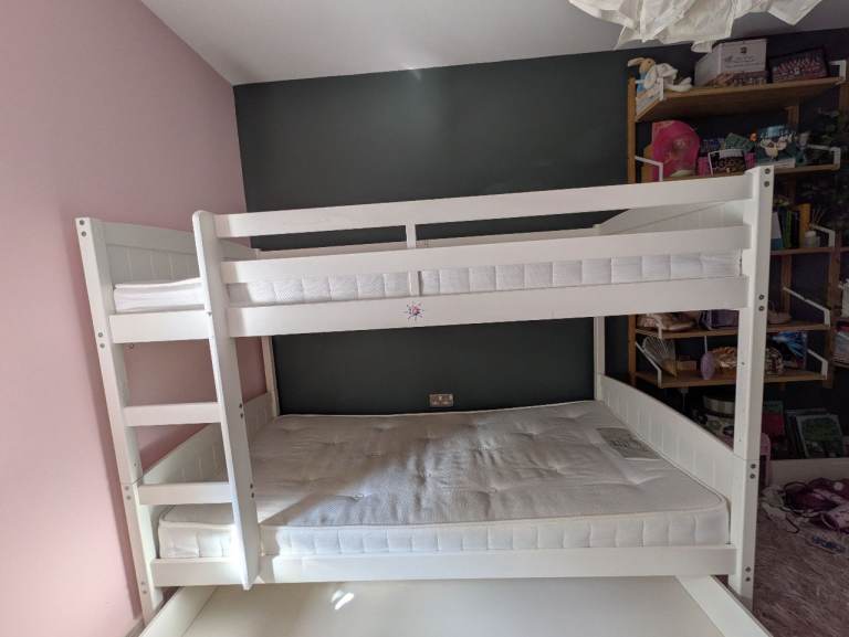 White Wooden Bunk Beds with 2 Dunelm Mattresses 190cm x 90cm