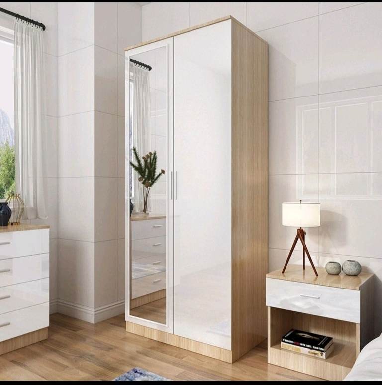 White High Gloss 2-Door Wardrobe with Mirror