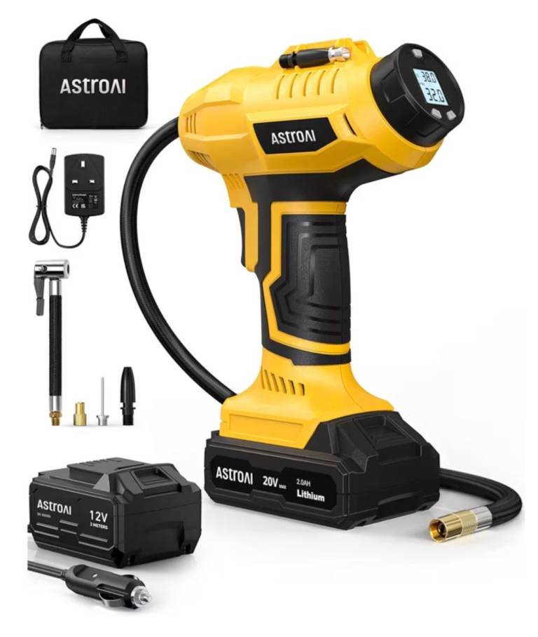 AstroAI Cordless Tyre Inflator Air Compressor, 12V DC and 20V Rechargeable Battery. RRP £54.