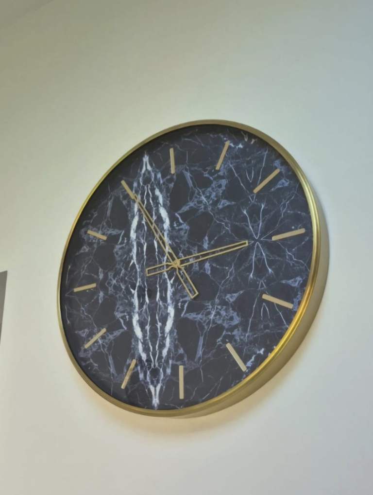 Stylish Black Marble Effect Wall Clock – Gold Trim, As Good As New