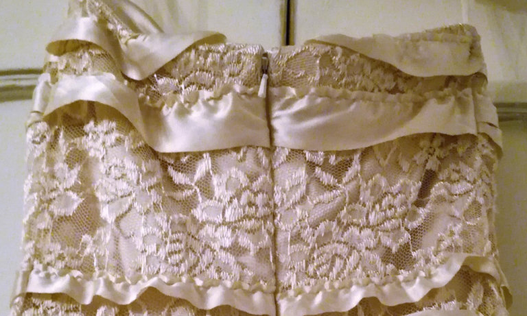 NEW JESSICA McCLINTOCK LACE DRESS Embellished Gold Satin Lined Ribbon Strapless Maxi Long Gown PROM