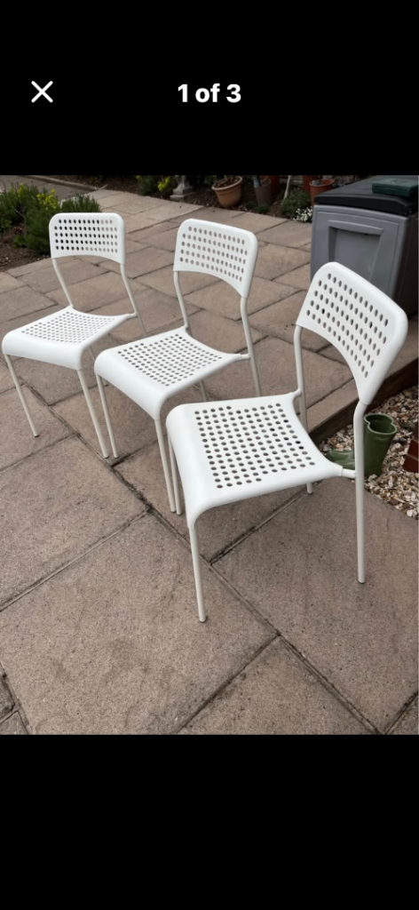 3 x white metal alloy/plastic chairs