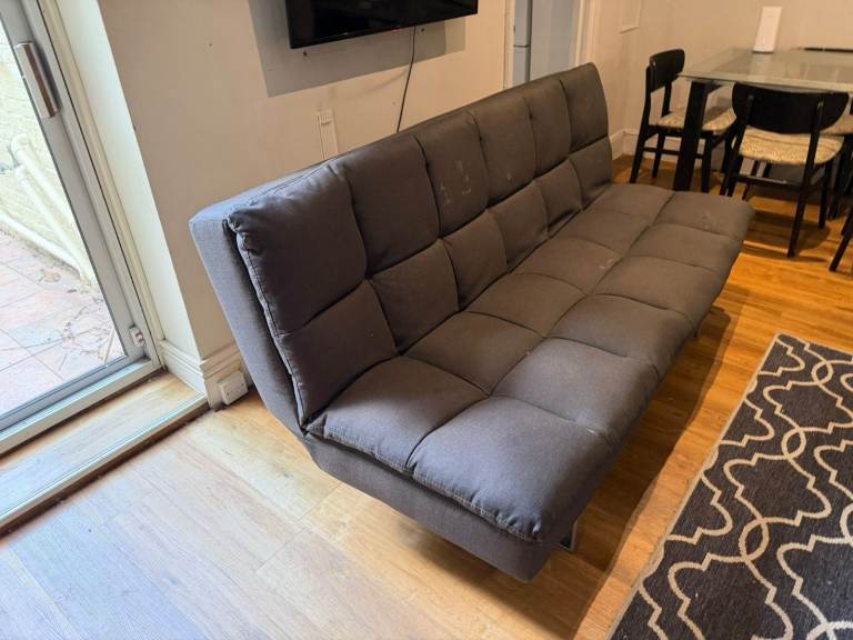 Grey/Blue Fabric Futon Sofa Bed – Fair Condition