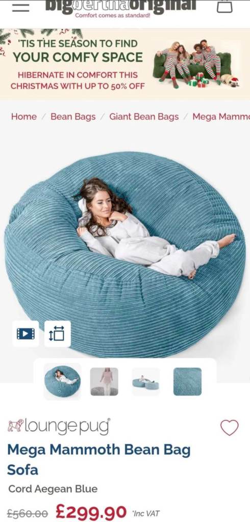 Lounge Pug Mega Mammoth Bean Bag Sofa - Cord Aegean Blue