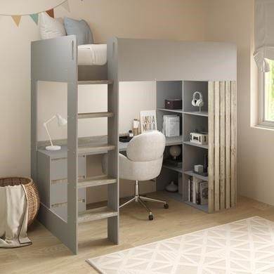 High sleeper loft/bunk bed with desk and storage in grey and oak