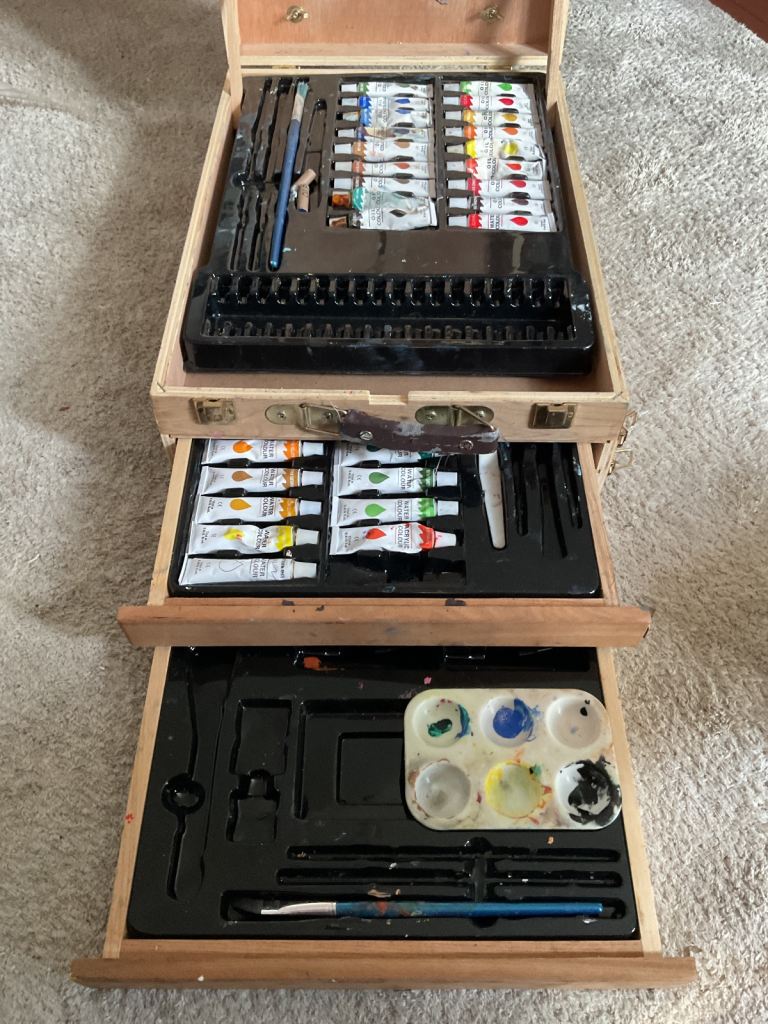 Artist Easel, Water, Oil &  Acrylic Colour Paints, Pencils and Wooden Carry Case.