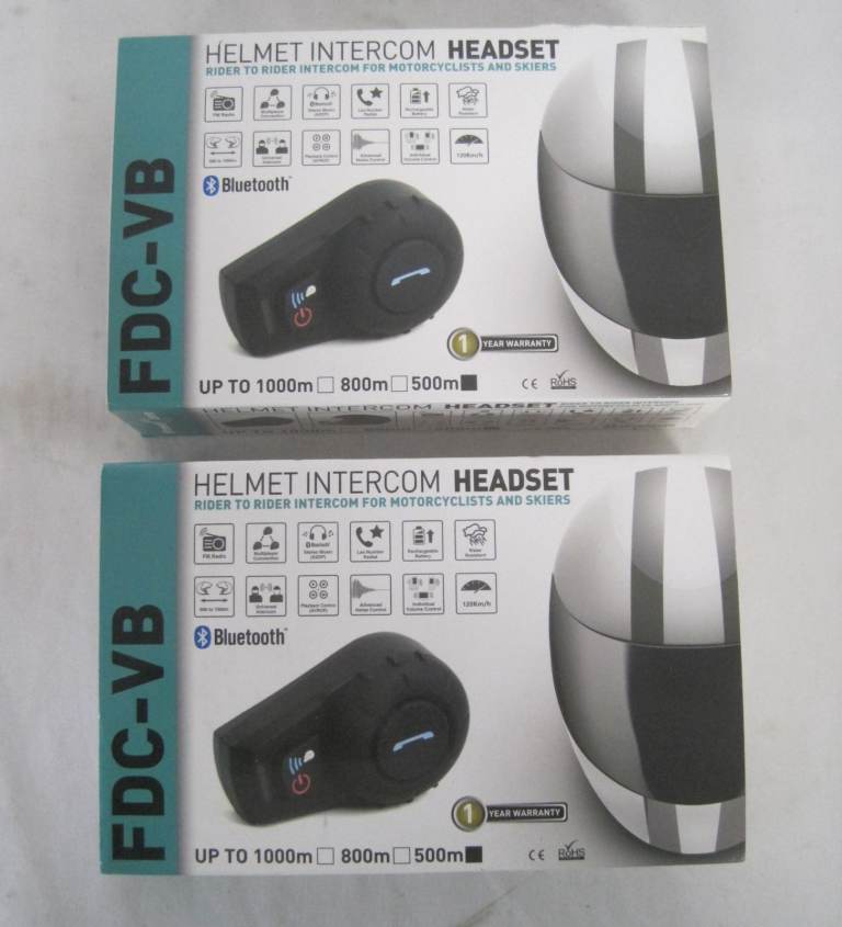 Pair (2) Helmet Intercom Headsets Bluetooth connectivity - Model FDC-VB in Boxes