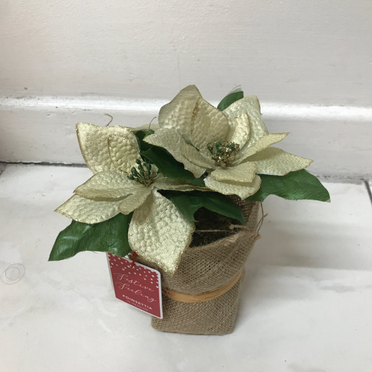 Artificial Golden Plastic Poinsettia in Hessian Christmas Decor Decoration