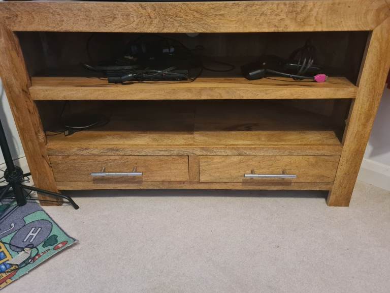 Solid mango Wood TV Unit with Shelves and Drawers