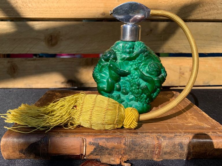 Rare Antique Art Deco Malachite Glass Putti Perfume Scent Bottle