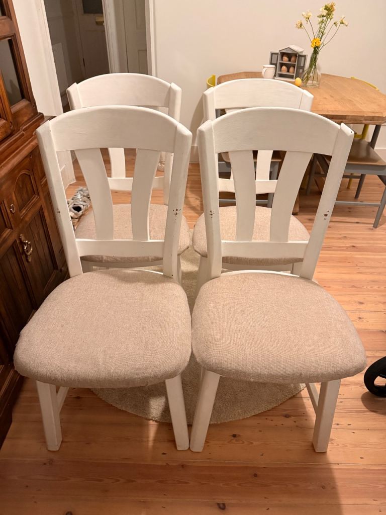 Set of 4 White Wooden Dining Chairs with Fabric Seats