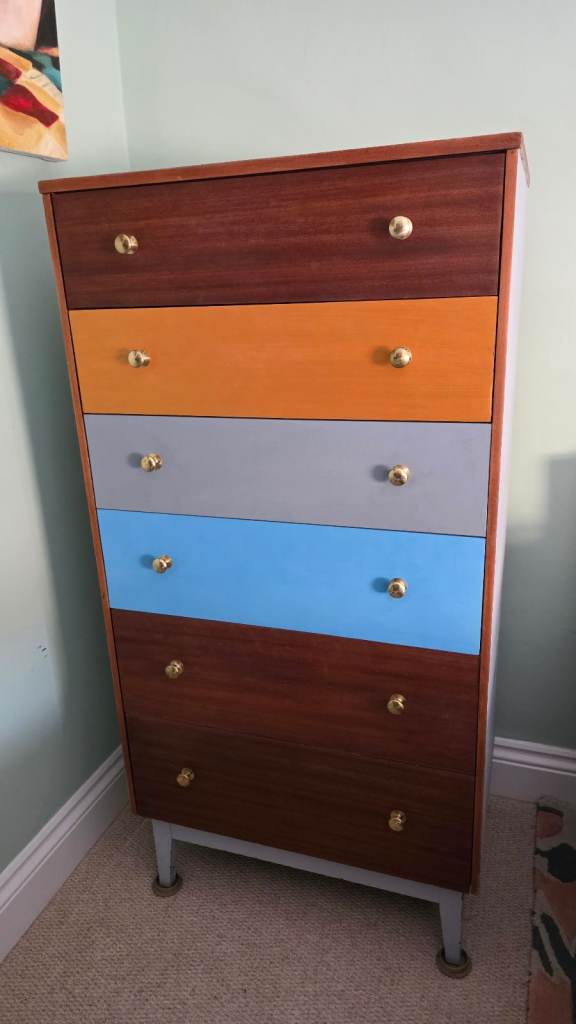 Upcycled vintaged mid-century style tall chest of 6 drawers