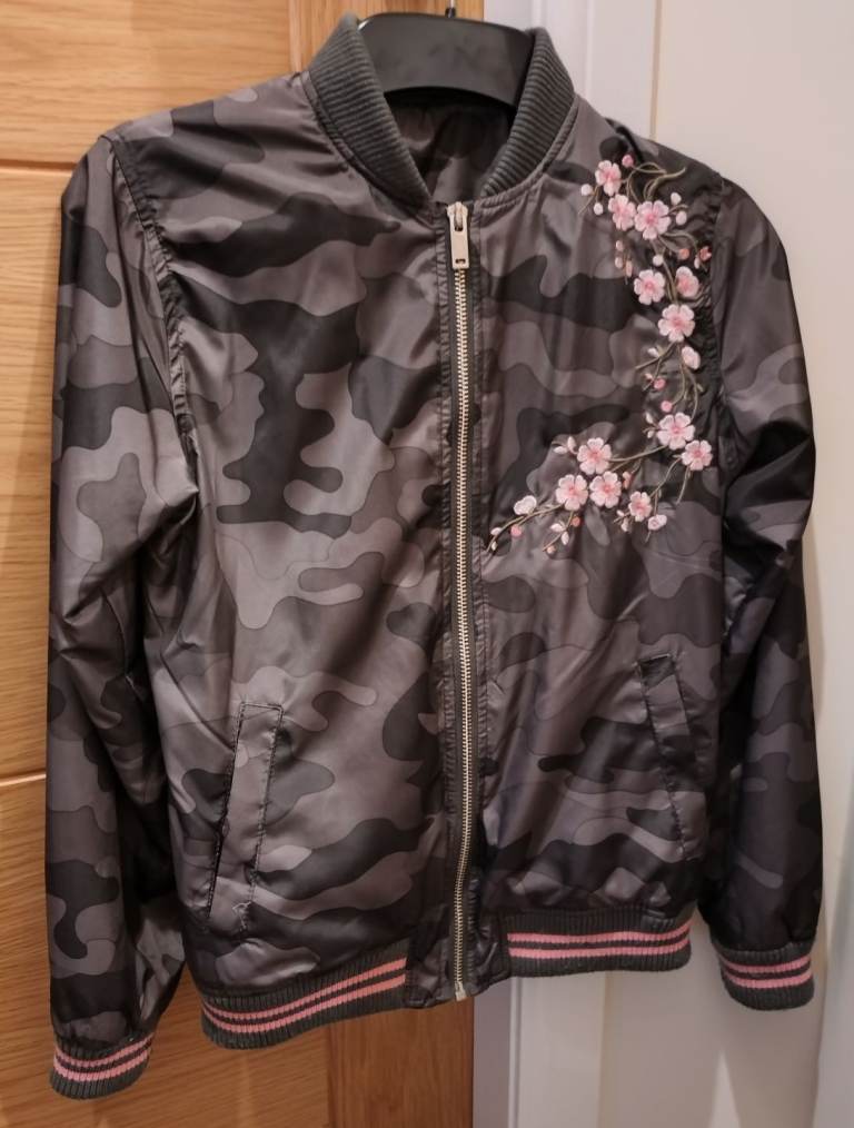 Girls Green Camouflage With Pink Flowers Bomber Jacket 11-12 Years