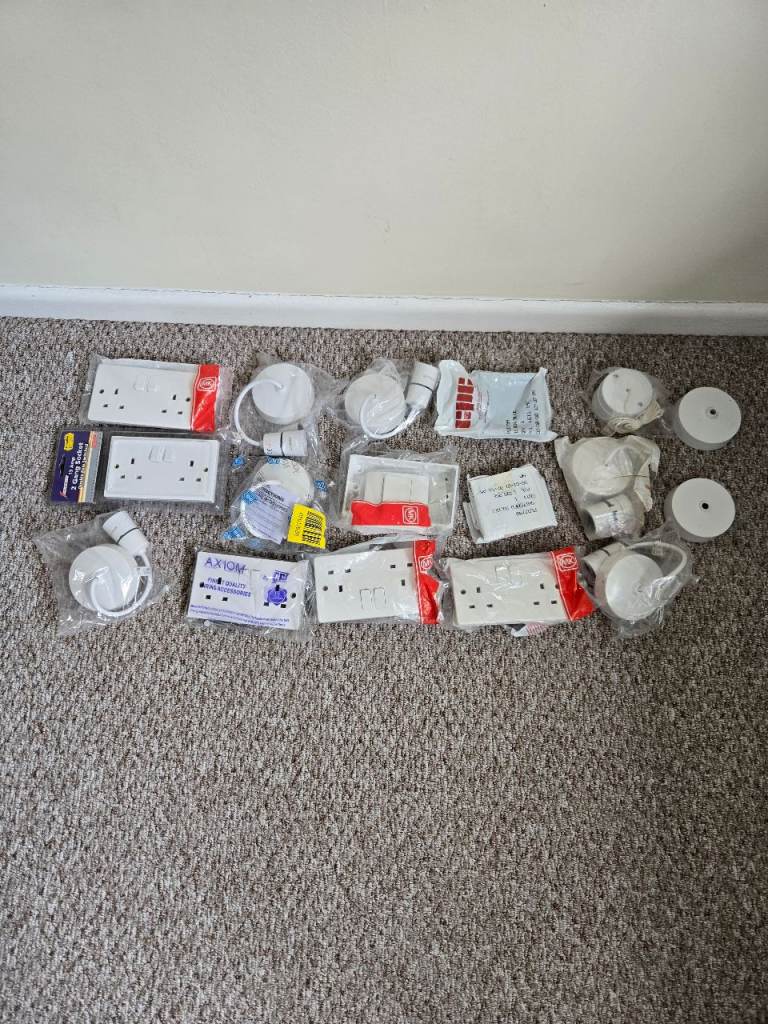 New White Electrical Sockets, Ceiling Roses, and Extension Leads