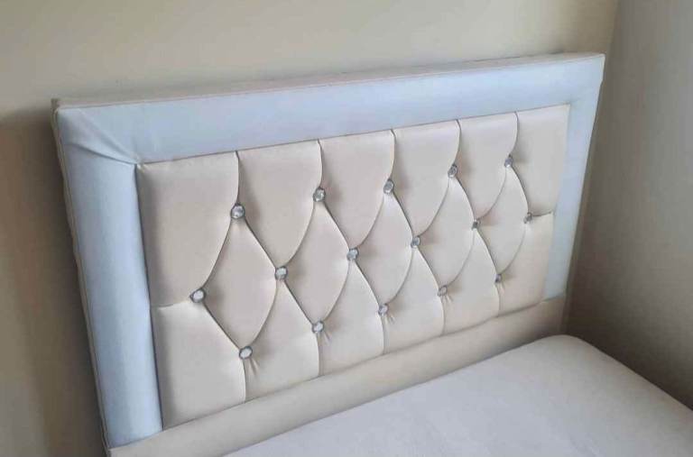 Single Cream Fabric Bed Frame - Diamonte Headboard, Fair Condition