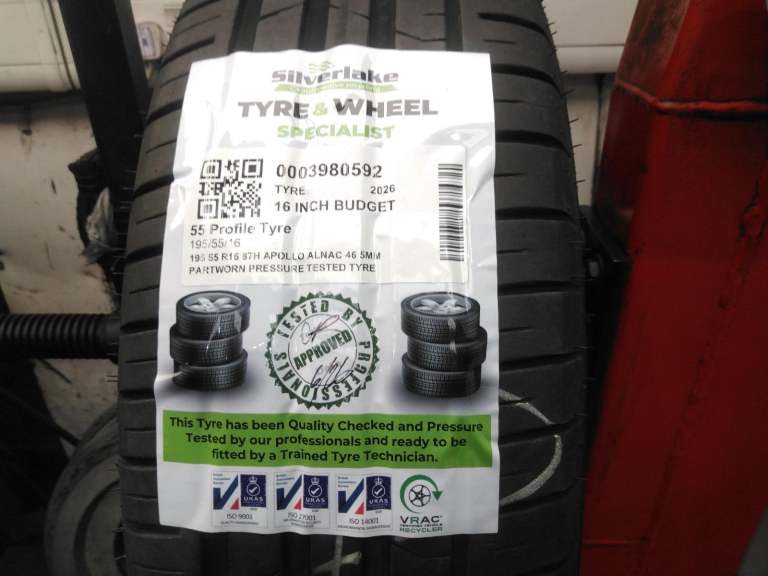195 55 R16 87h Apollo Alnac 46 5mm Partworn Pressure Tested Tyre