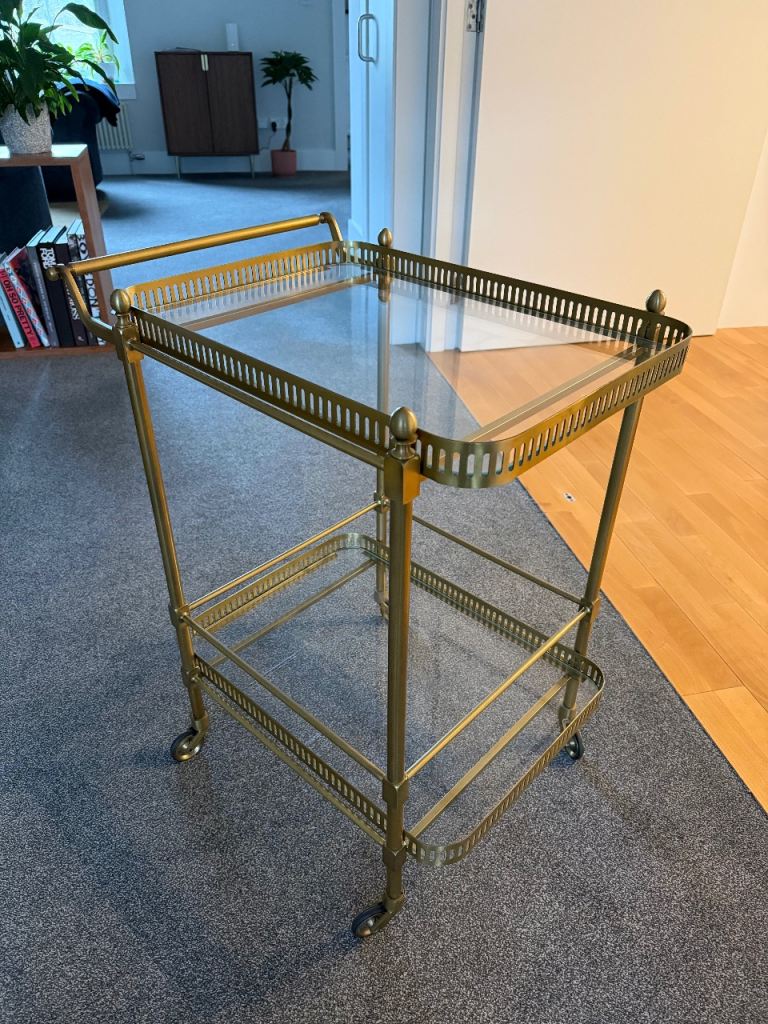 Soho Home bar cart/drinks trolley, brass with glass shelves