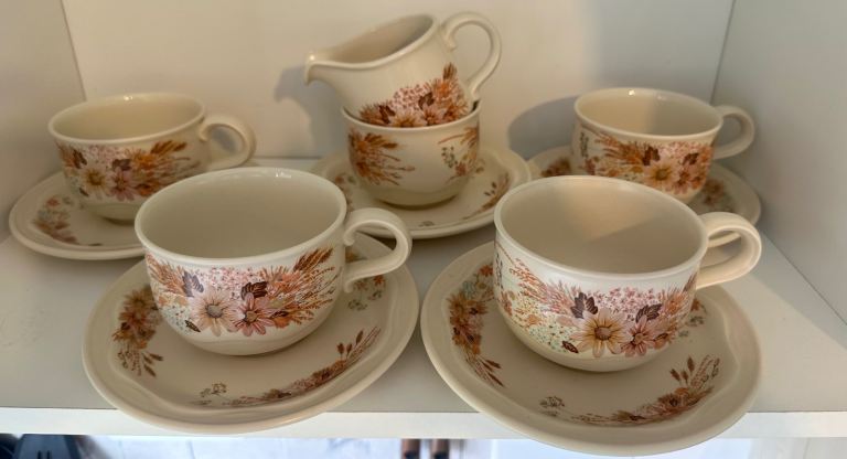 Vintage Poole Pottery Summer Glory Teacup & Saucer Set with Sugar Bowl & Milk Jug