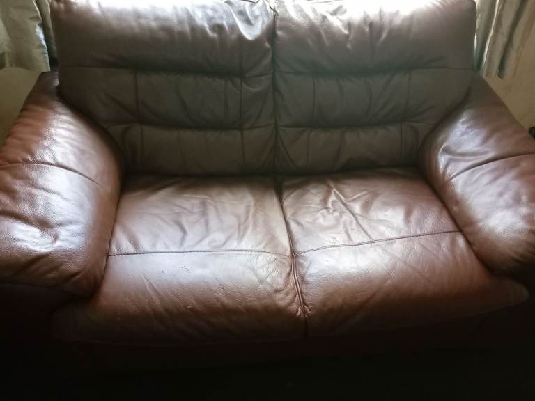 Brown Leather Two-Seater Sofa – Good Condition