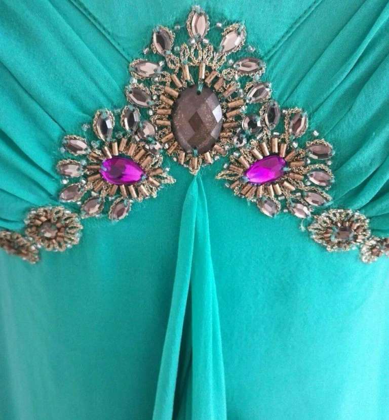 MONSOON DRESS Pure Silk 100% Boho Jade Turquoise Green Gold Bead Design Size 10 Wedding