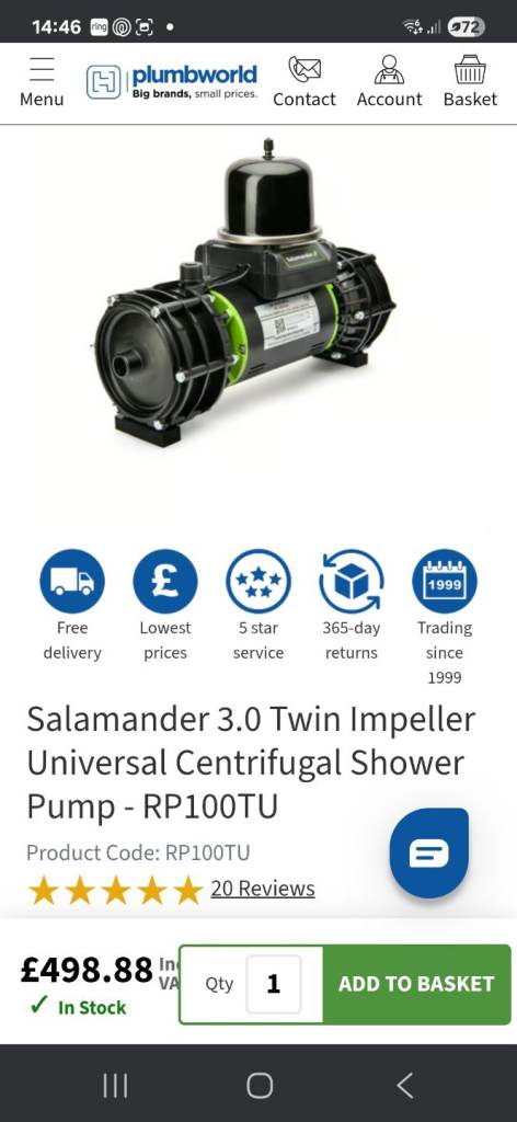 Salamander 3.0 Twin Impeller Centrifugal Shower Pump - RP100TU 