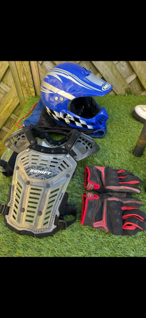 Kids motocross helmet and body armour and gloves 