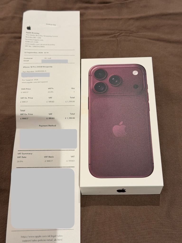 Apple iPhone 18 Pro Burgundy 256gb with receipt Brand New in Box