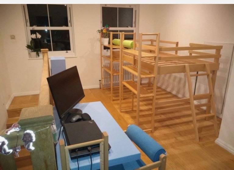 Mid Sleeper Bed with Desk, Chair, Shelving system, Pigeon Hole Bookcases & Soft Foam Safety Bumpers