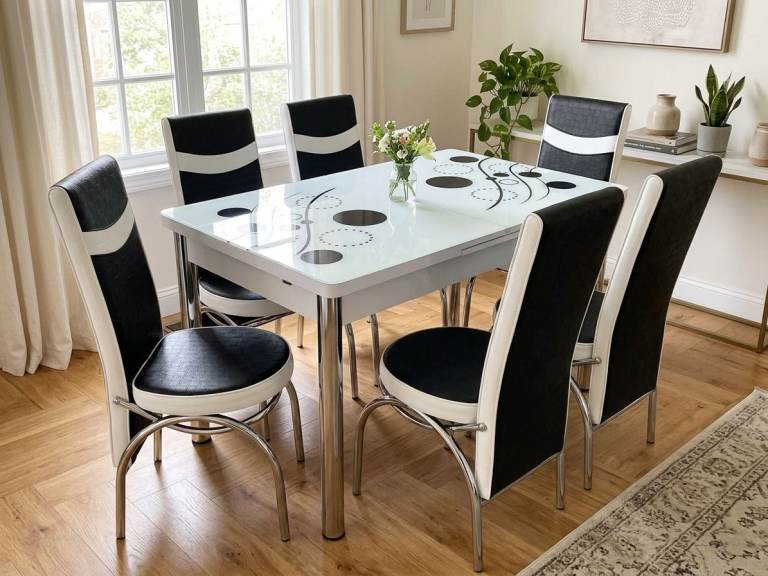 ALL Glass Dining Table with 6 Black and White Chairs, NEW