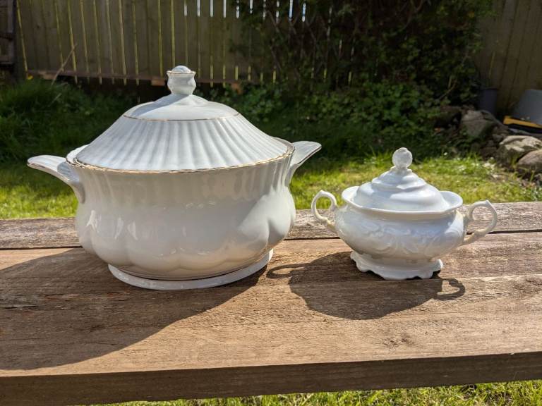Vintage White Casserole Dish and Sugar Bowl - Polish 
