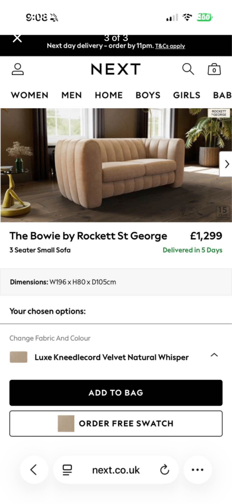 Next The Bowie Sofa set. 3 seater, 2 seater and storage foot stool 