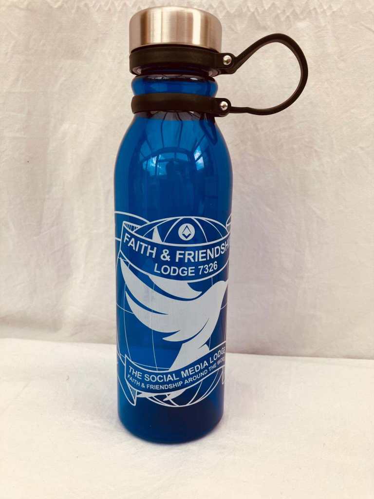 A plastic water bottle, clear blue plastic, size 25cm high & 7cm X 7cm wide at base.