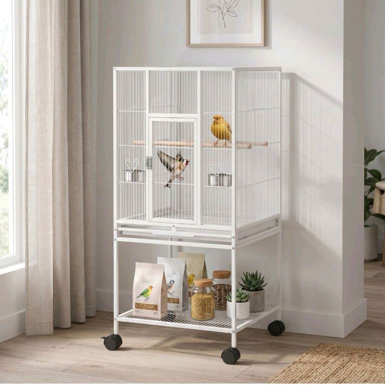 PawHut Large White Bird Cage with Stand and Wheels