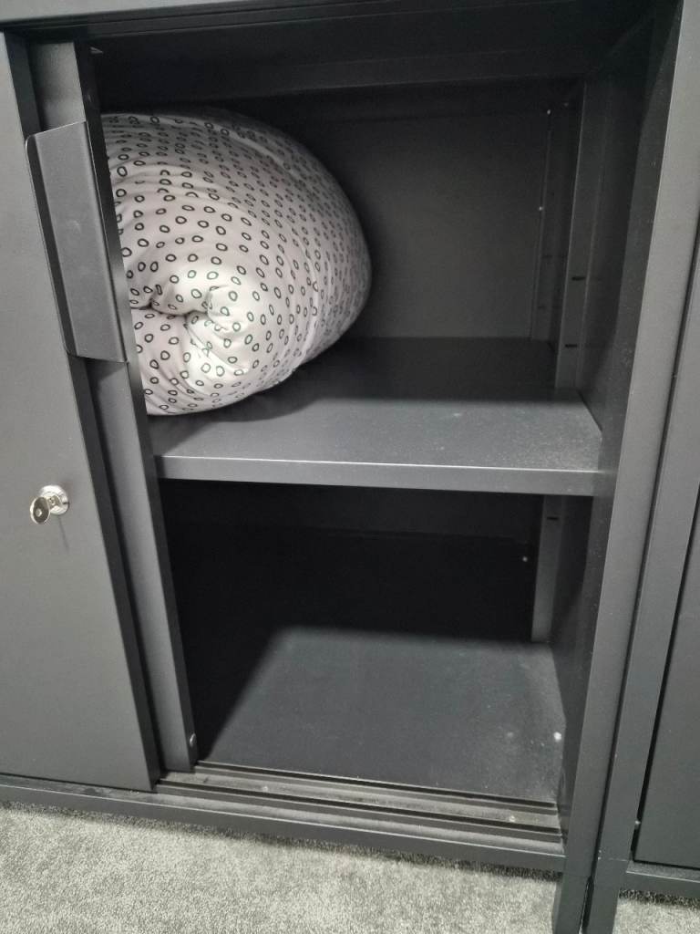 Black metal slide door cabinet 160x55cm