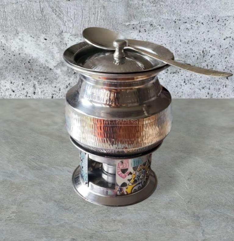 CUTE MINI STEEL DEGH WITH LID/SPOON AND STAND CAPACITY 500GRMS(FOOD WARMER)