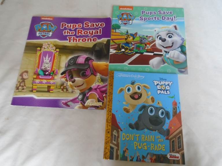 Child reading books x 3 Paw Patrol, Disney pals, puppy dogs 