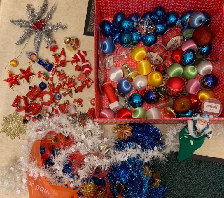 Baubles , santas stars  and tinsel tree decorations 