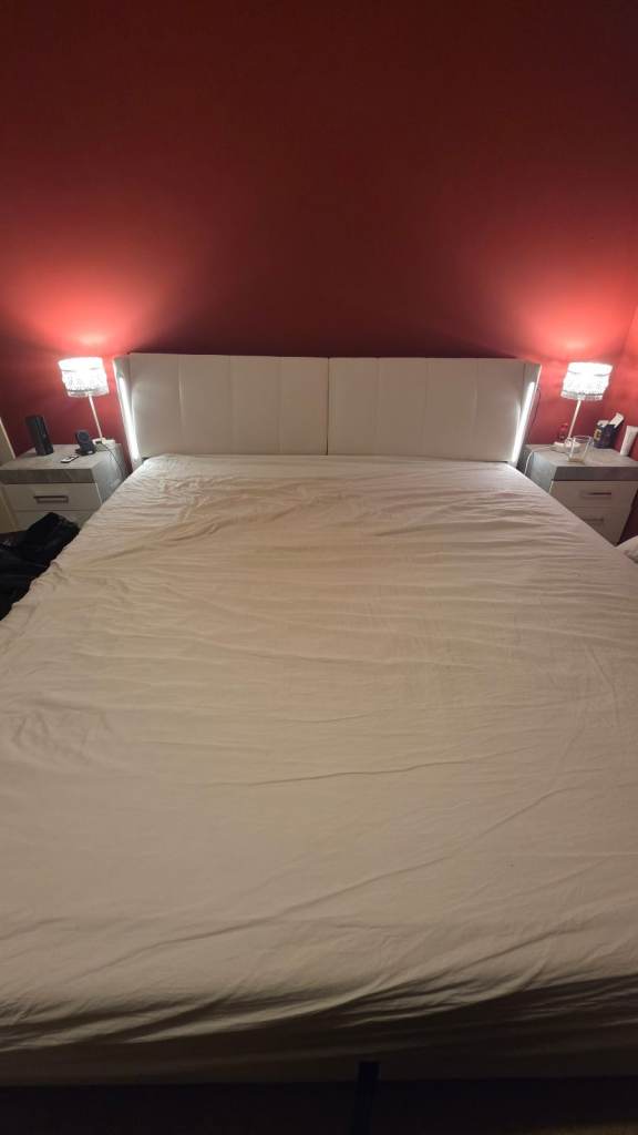 Super king bed with White adjustable Headboard and integrated led lights– Good Condition