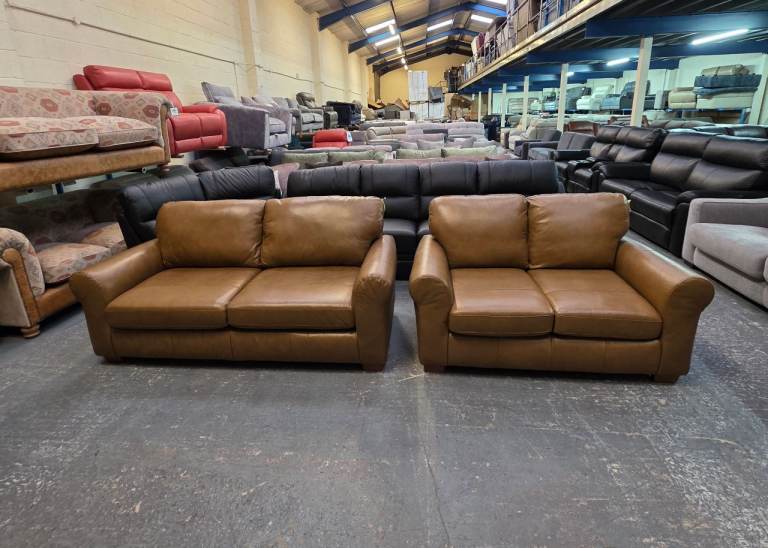Ex-display Bailey tan brown leather 3+2 seater sofas
