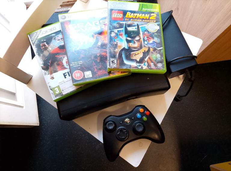 image for X box 360 system with 3 games  Inc gears of war Lego batman controller power unit