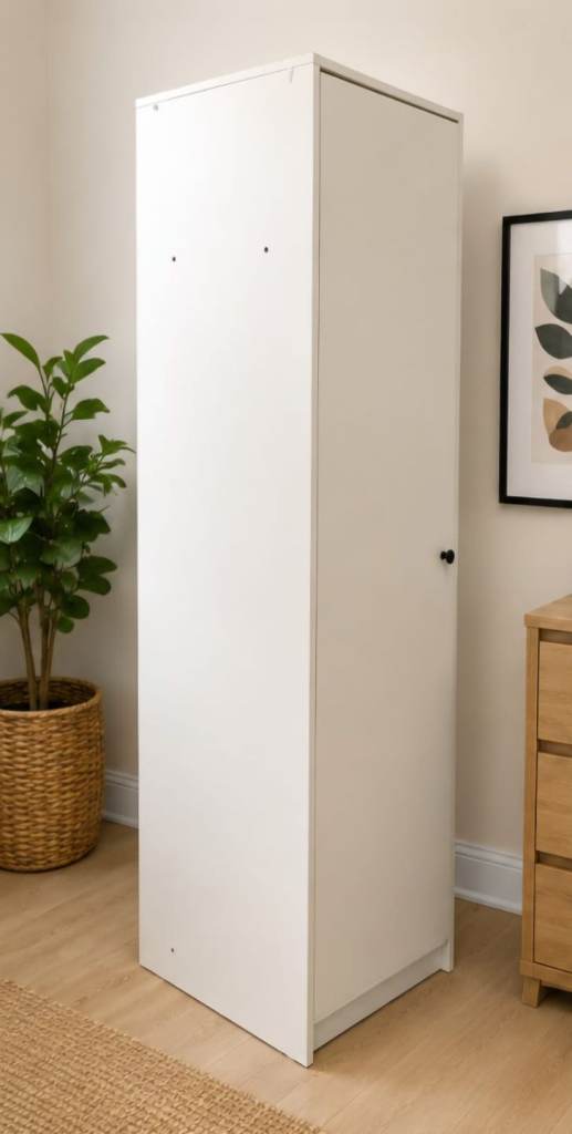 White Single Door Wardrobe with Hanging Rail & Shelf – Tall Slim Storage Cabinet