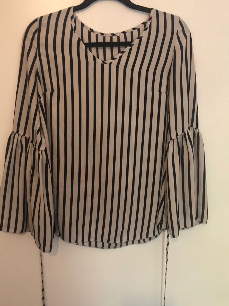 Striped Blouse with Bell Sleeves – Beige and Black