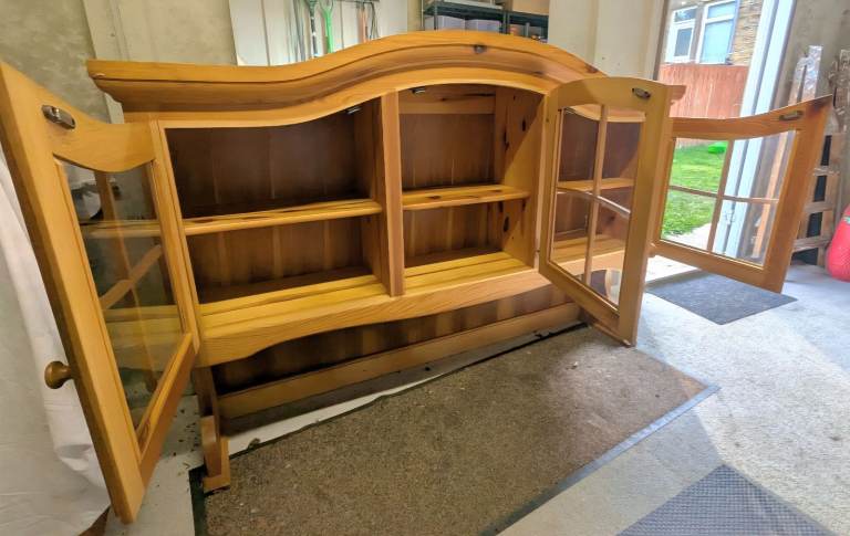 Vintage Solid Wood German 3 Door Welsh Dresser with 3 Door Display Cabinet