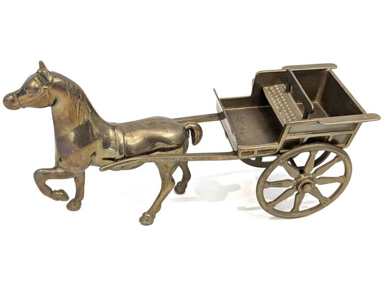 VINTAGE SOLID BRASS GYPSY HORSE AND CART ORNAMENT 27.5cm LONG x 14.5cm HIGH