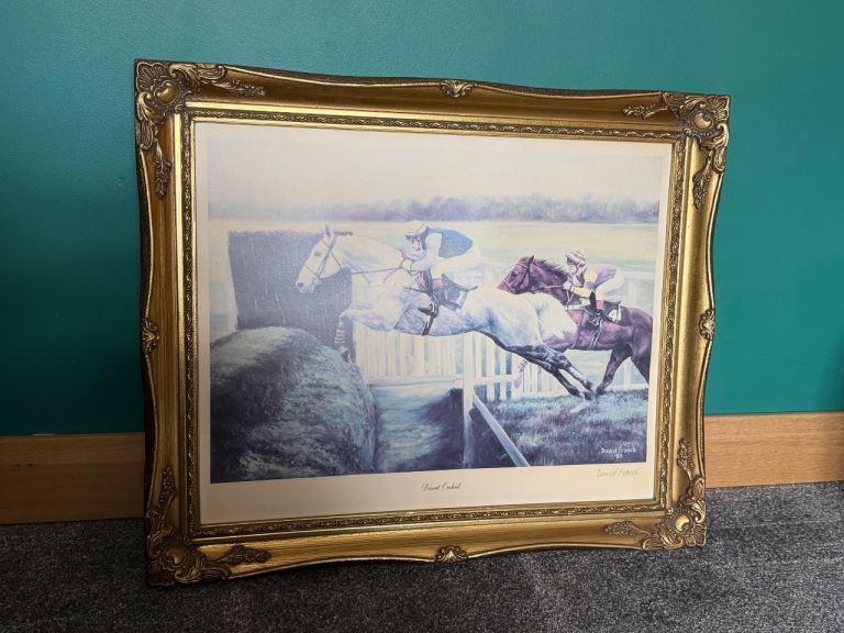 Retro Vintage Large Signed Horses Picture in Golden Decorative Frame