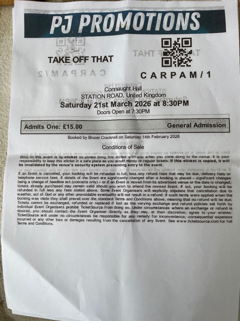 TAKE OFF THAT Concert.  £25 for two tickets. 