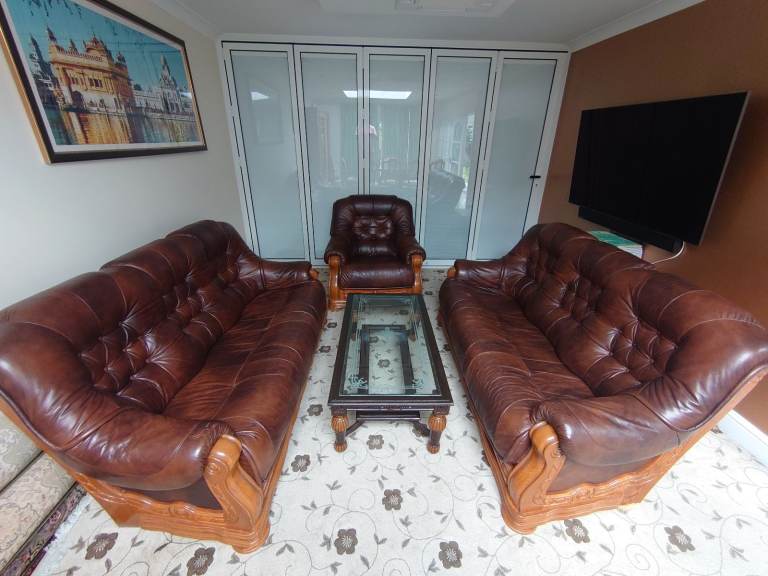 Brown Leather Sofa Set – 3-Piece Suite with Carved Wood & Hidden Storage