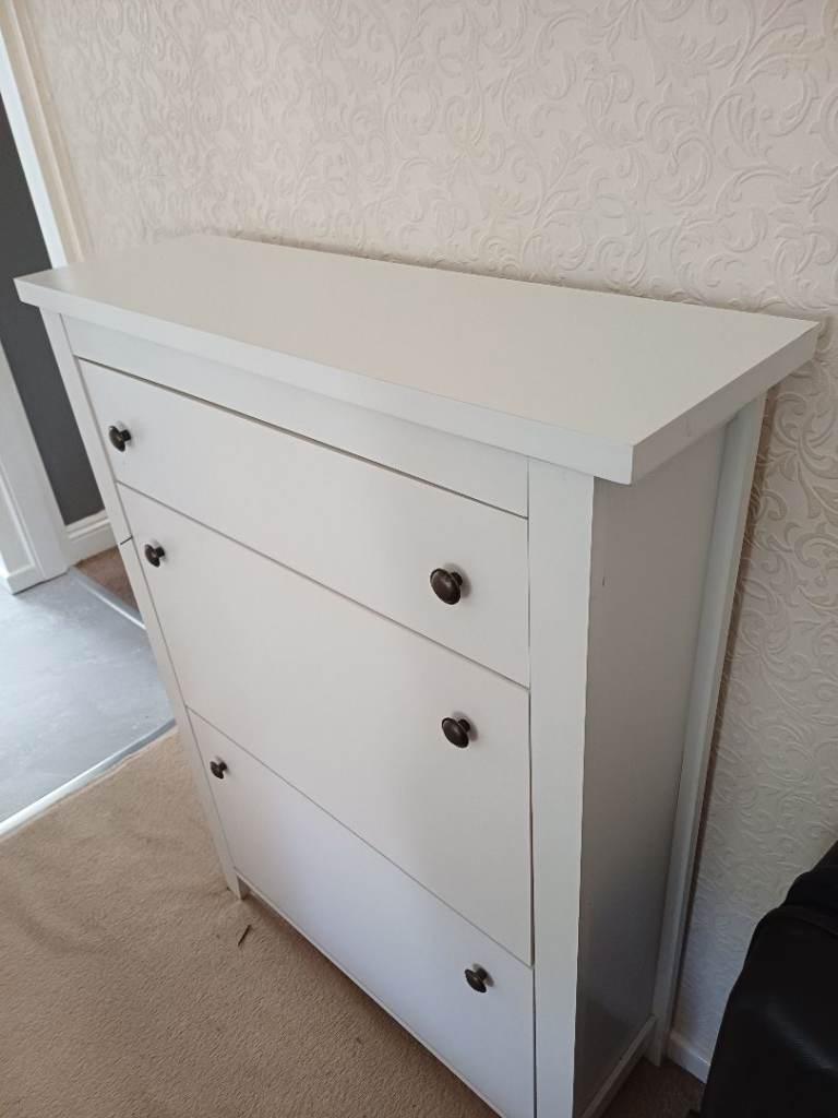 White Wooden Shoe Cabinet with 3 Drawers – Good Condition, £25.00 for Sale
